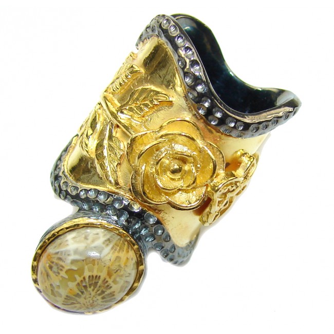 Big! Gorgeous Brown Fossilized Coral, Gold PLated, Rhodium Plated Sterling Silver ring s. 6