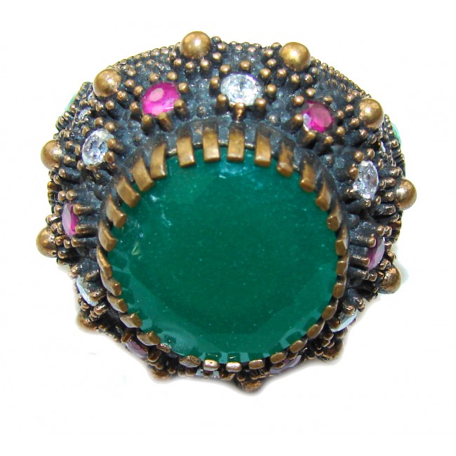 Victorian Style! Emerald & Ruby & White Topaz Sterling Silver Ring s. 9