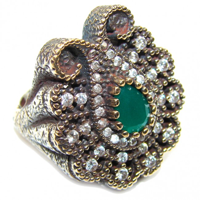 Victorian Style! Emerald & White Topaz Sterling Silver Ring s. 7