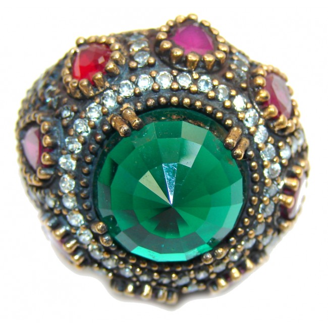 Big! Victorian Style! Created Emerald & White Topaz Sterling Silver Ring s. 7 1/2