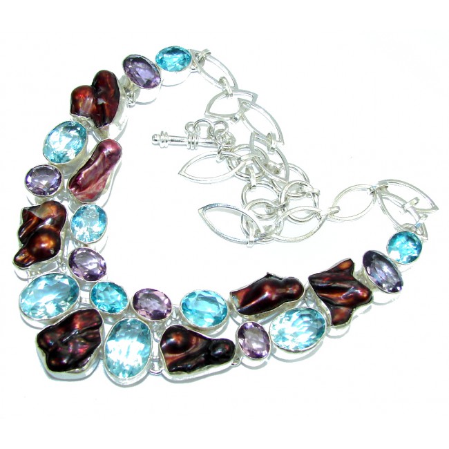 Summer Beauty Mother Of Pearl & Swiss Blue Topaz & Amethyst Sterling Silver necklace