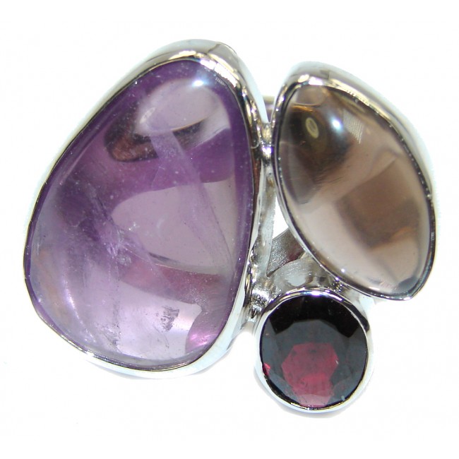 Big! Delicate Purple Amethyst & Smoky Topaz & Garnet Sterling Silver Ring s. 8 -adjustable
