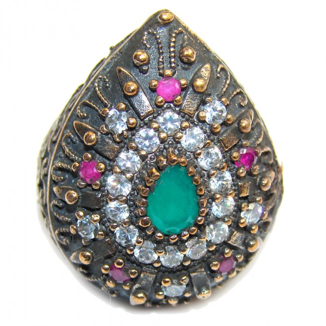Victorian Style! Green Emerald & Ruby & White Topaz Sterling Silver Ring s. 7 1/4