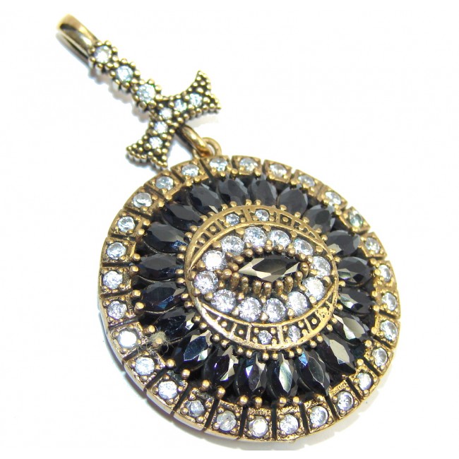 Victorian Style Created Black Sapphire, White Topaz Sterling Silver Pendant