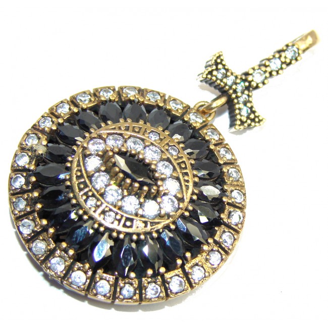 Victorian Style Created Black Sapphire, White Topaz Sterling Silver Pendant