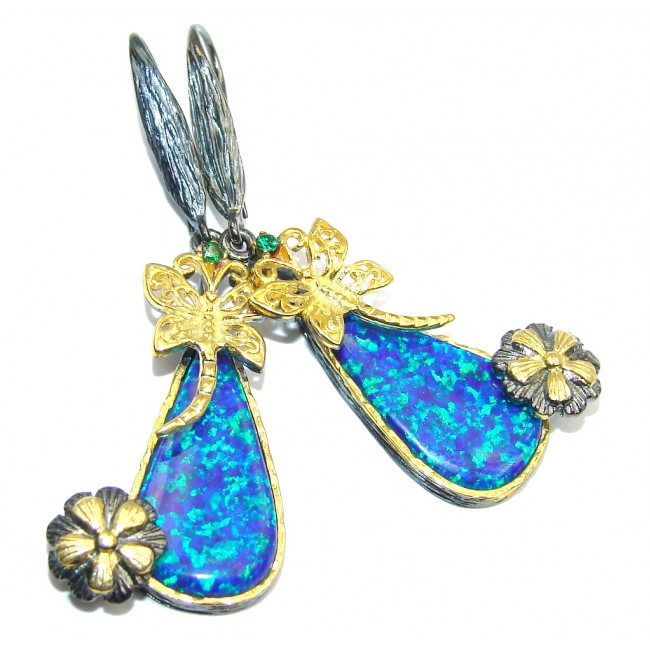 Exclusive Blue Fire Opal, Gold Plated, Rhodium Plated Sterling Silver earrings / Long