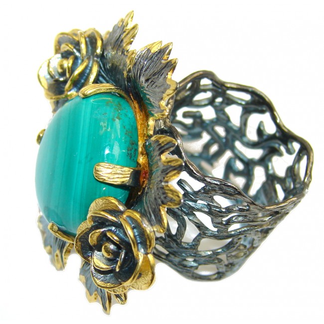 Big! Stunning Green Malachite, Gold Plated, Rhodium Plated Sterling Silver ring s. 8