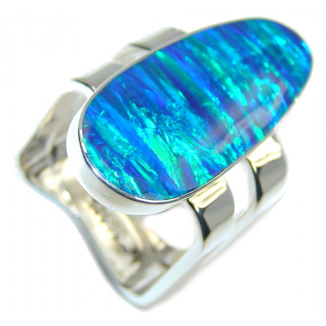 Big! Perfect Blue Fire Japanese Opal Sterling Silver ring s. 7 1/4