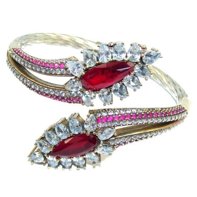 Victorian Style! Red Ruby & White Topaz Sterling Silver Bracelet / Cuff