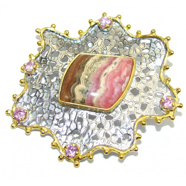 Big! Amazing AAA Pink Rhodochrosite, Gold Plated Sterling Silver Pendant