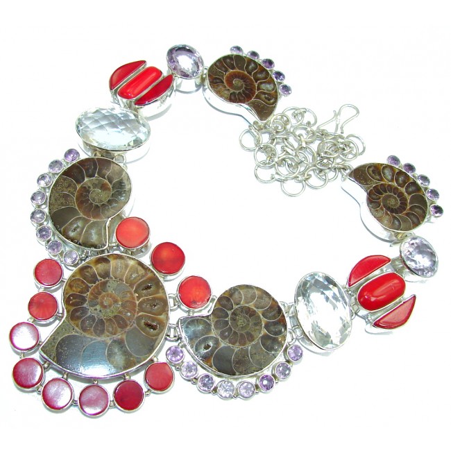 Big! Ocean Night Ammonite Fossil & Fossilized Coral Sterling Silver necklace