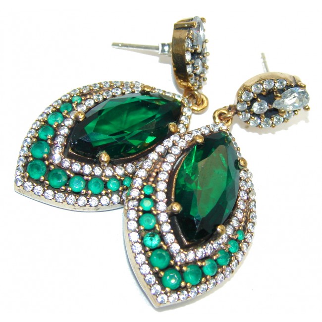 Big Victorian Style Created Emerald & White Topaz Sterling Silver earrings