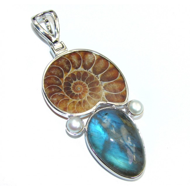 Secret Beauty Brown Ammonite Fire Labradorite Sterling Silver Pendant