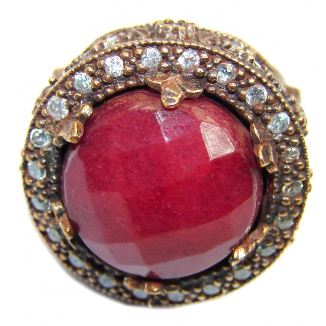 Huge Victorian Style created Ruby & White Topaz Sterling Silver ring; s. 8