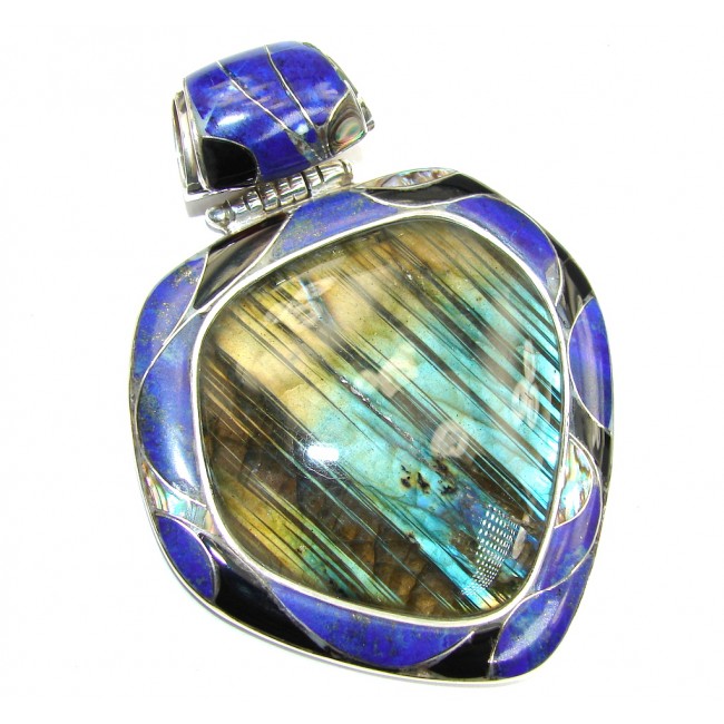 Giant! Perfect AAA Blue Fire Labradorite Sterling Silver Pendant