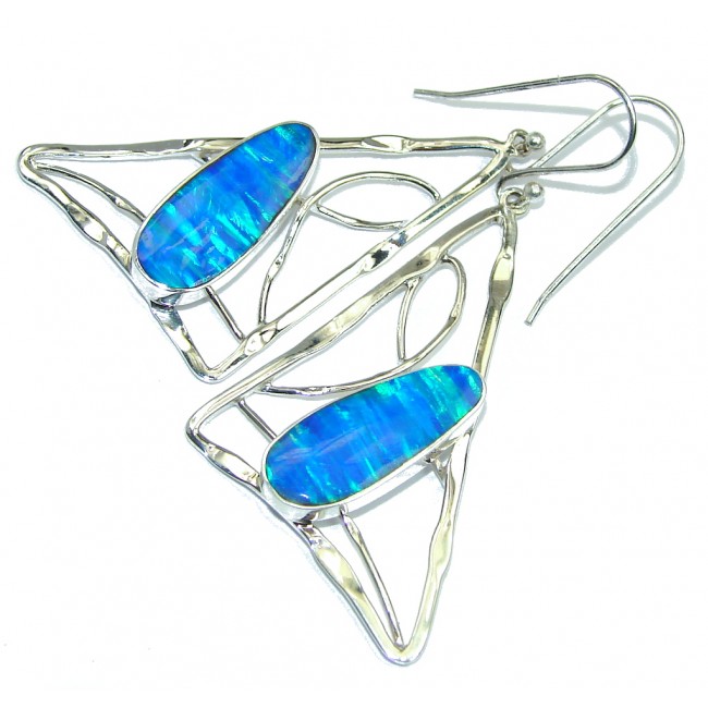 Blue Paradise Japanese Fire Opal Hammered Sterling Silver earrings