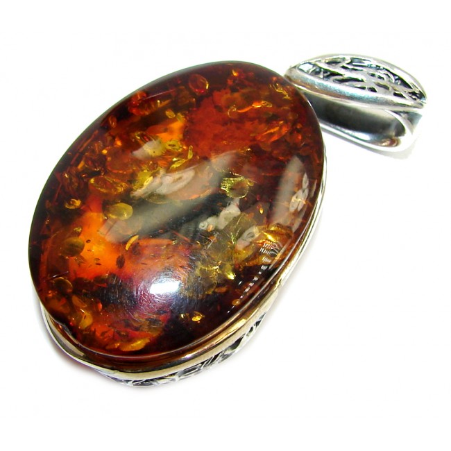 Big Genuine AAA Baltic Polish Amber Two Tones Sterling Silver Pendant