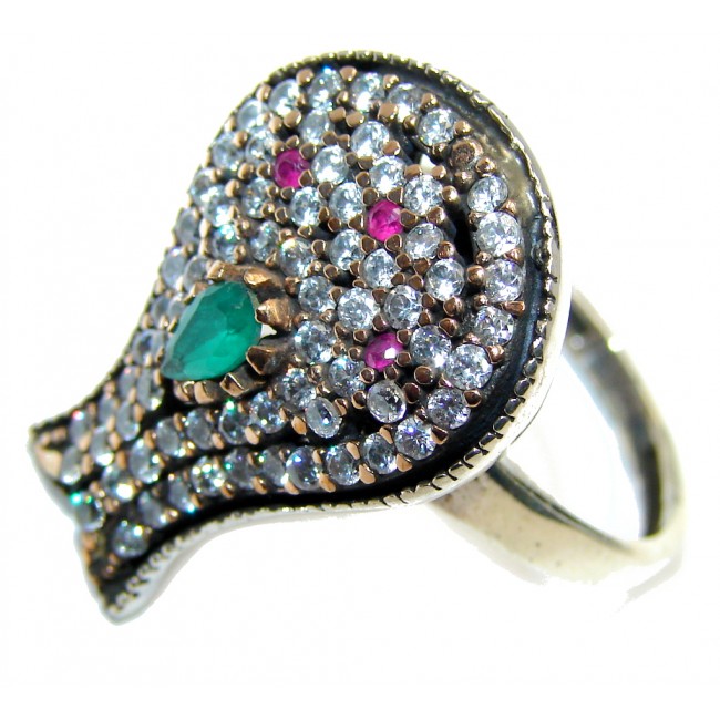 Victorian Style created Emerald & White Topaz Sterling Silver ring; s. 7 1/4
