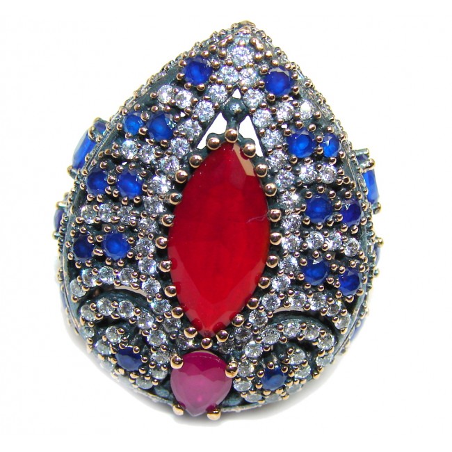 Giant Victorian Style created Ruby & White Topaz Sterling Silver ring; s. 9