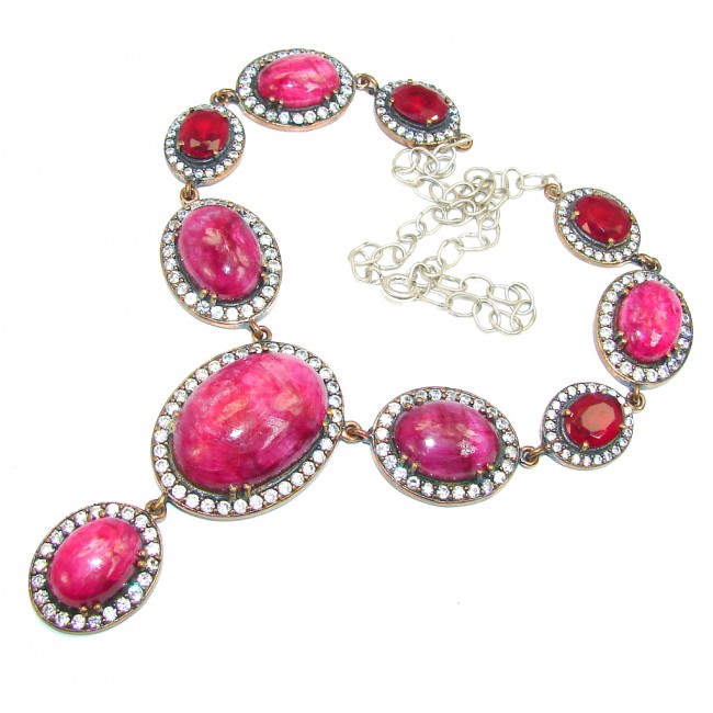 Incredible Victorian Design Red Ruby & White Topaz copper plated Sterling Silver necklace
