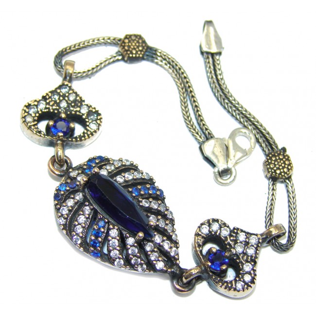 Victorian Style Created Blue Sapphire & White Topaz Sterling Silver Bracelet
