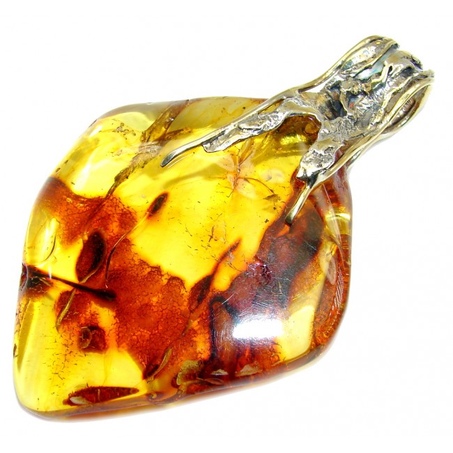 Twilight Zone Prehistoric Golden natural Baltic Amber Two tones Sterling Silver Pendant