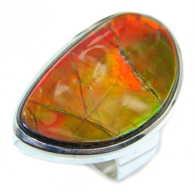 Wild Red Fire Genuine AAA Ammolite Sterling Silver ring size 8