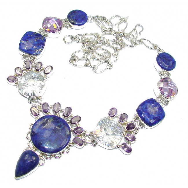 AAA Lapis Lazuli Cubiz Zirconia Sterling Silver necklace
