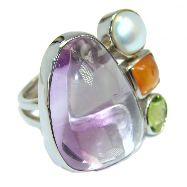 Large Exotic Pink Amethyst Sterling Silver ring size adjustable