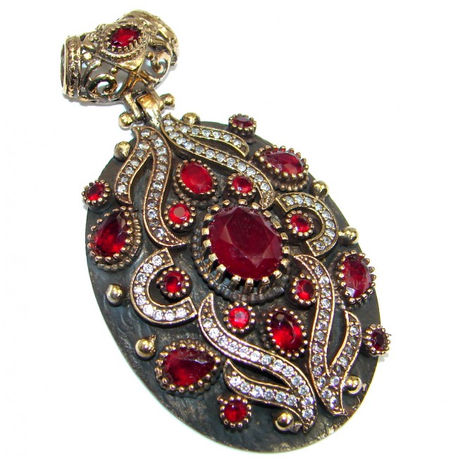 Huge Perfect created Red Ruby & White Topaz Sterling Silver Pendant