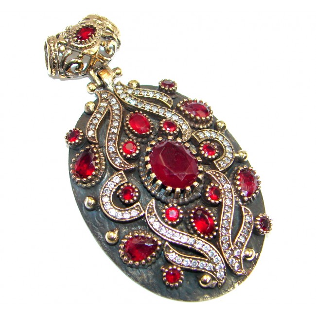 Huge Perfect created Red Ruby & White Topaz Sterling Silver Pendant