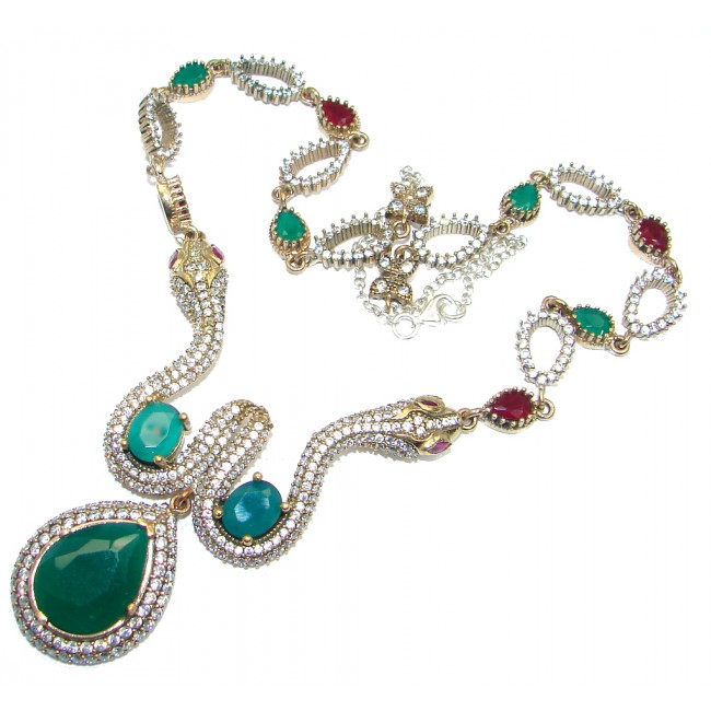 Victorian Style Snakes created Green Emerald & White Topaz Sterling Silver necklace