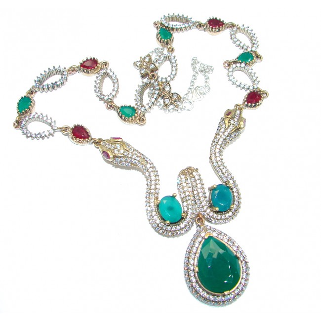 Victorian Style Snakes created Green Emerald & White Topaz Sterling Silver necklace