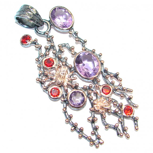 Genuine Amethyst Garnet Gold Rhodium plated over Sterling Silver handcrafted Pendant