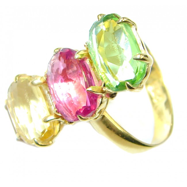 Simulated multigem Sterling Silver plated with gold ring size adjustable