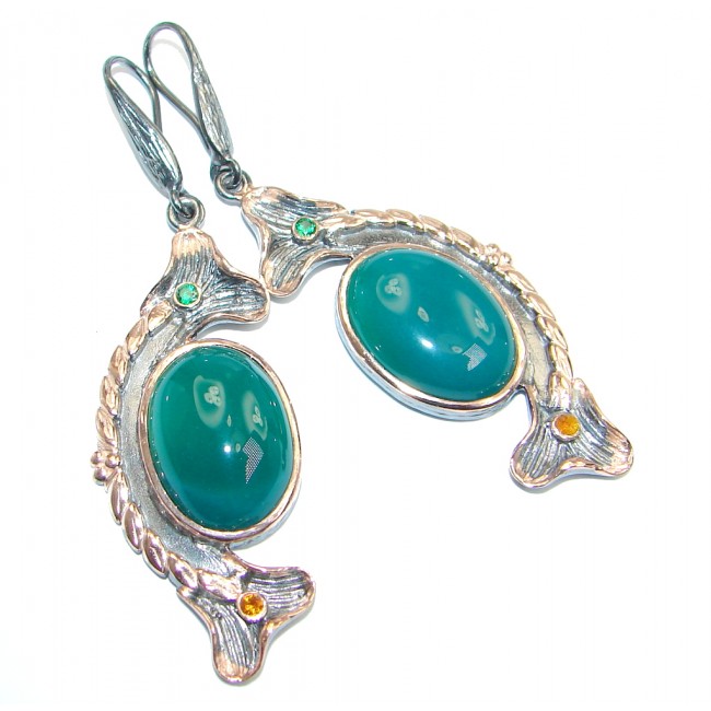 Green Agate Gold Rhodium plated over Sterling Silver handmade earrings
