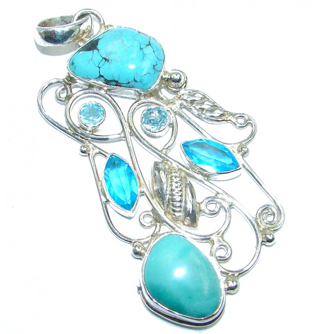 Spider Web Sky Blue Turquoise Sterling Silver handmade Pendant