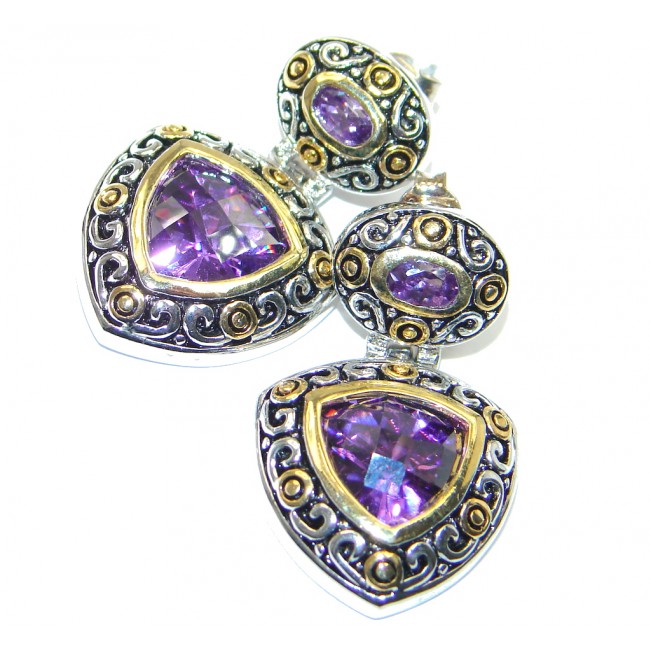 Victorian Style created Amethyst Two Tones Sterling Silver earrings