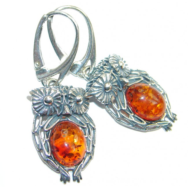 Owls Baltic Amber Oxidized Sterling Silver handmade earrings
