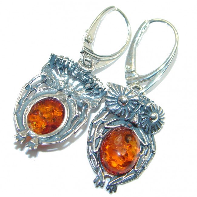 Owls Baltic Amber Oxidized Sterling Silver handmade earrings