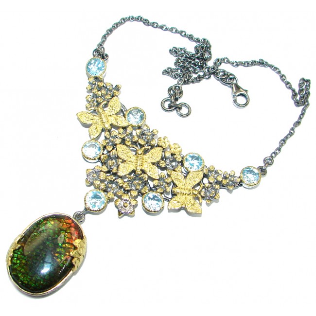 One of the kind Natural Canadian Ammolite Gold Rhodium plated over Sterling Silver handmade necklace