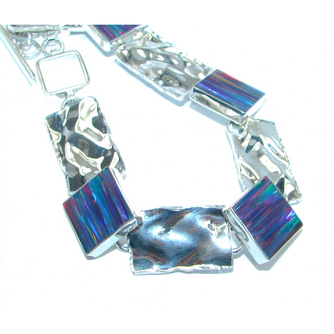 Stunning Japanese Blue Fire Opal hammered Sterling Silver Bracelet