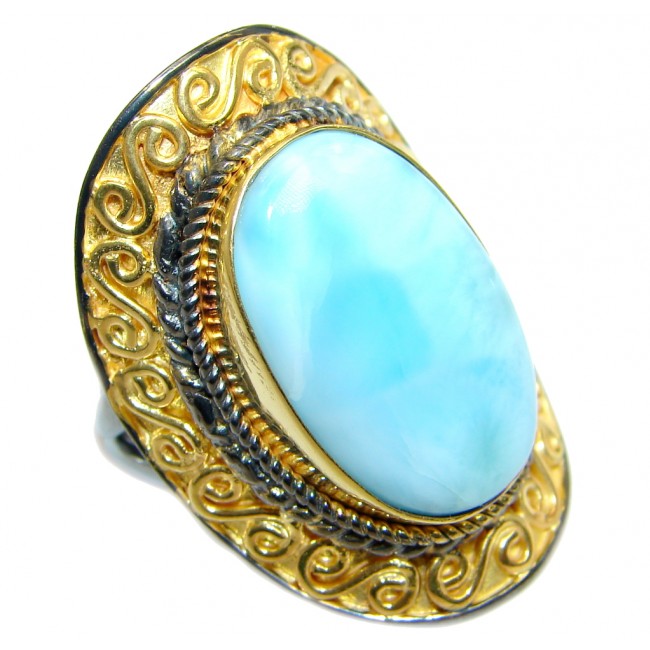 Genuine Larimar Gold Rhodium plated Sterling Silver handmade Ring size adjustable