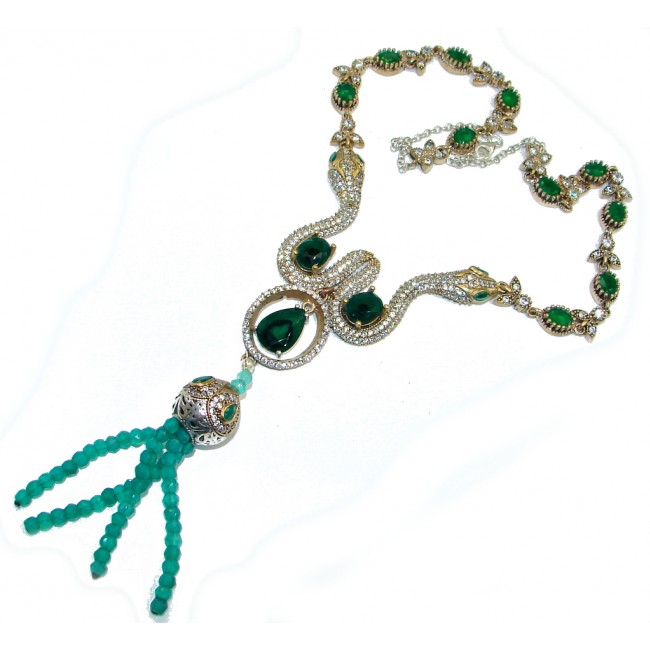 Two Snakes Victorian Style created Emerald & White Topaz copper over Sterling Silver necklace