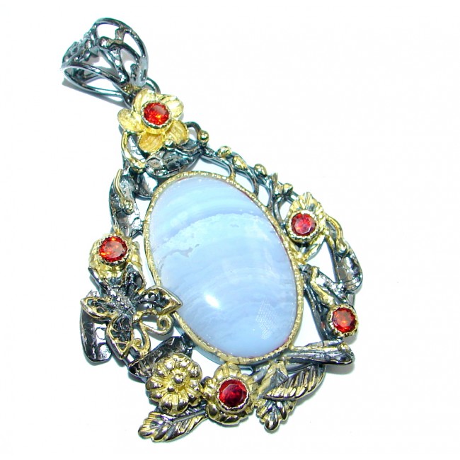 Perfect Light Blue Lace Agate Garnet Gold plated over Sterling Silver Pendant