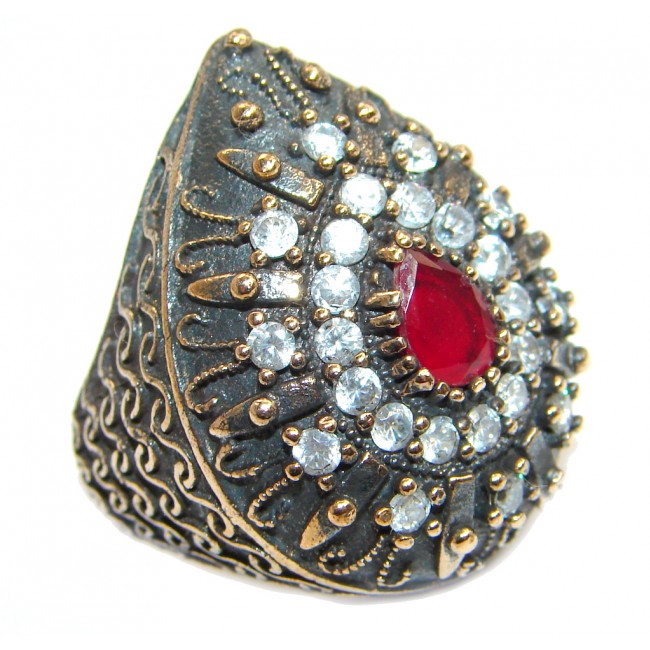 Victorian Style created Ruby & White Topaz Sterling Silver ring; s. 6