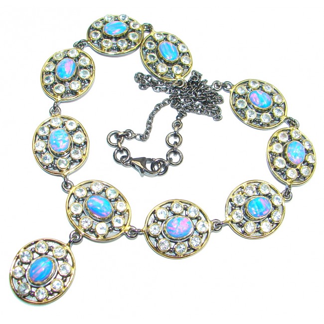 Exclusive Fire Japanese Fire Opal Blue Topaz Gold plated over Sterling Silver handmade Necklaces