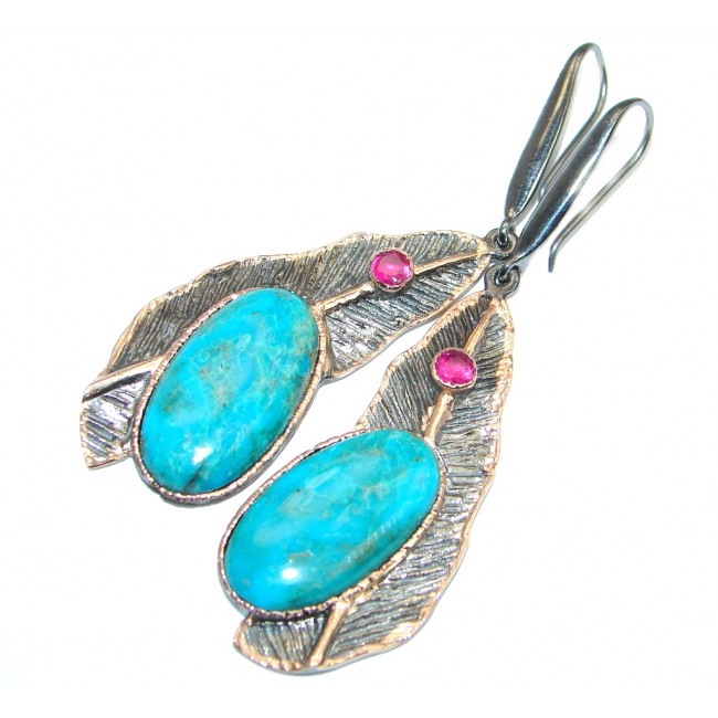 Large Fabulous Parrot's Wing Chrysocolla Garnet Gold plated over Sterling Silver earrings