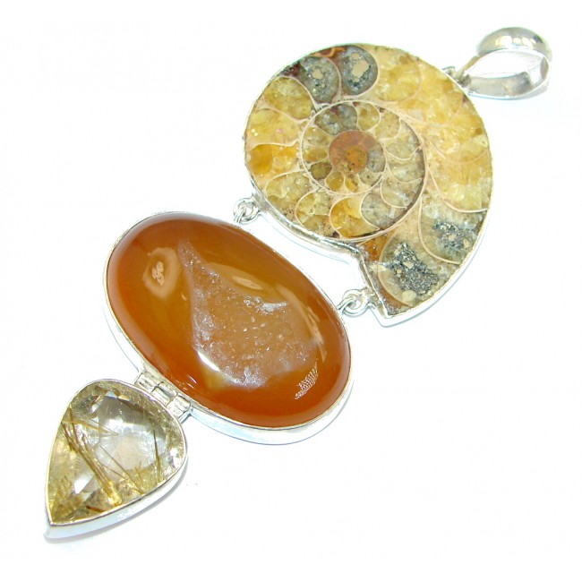 Large 3 3/4 inches long Natual Ammonite Rutilated Quartz Fossil Sterling Silver Pendant