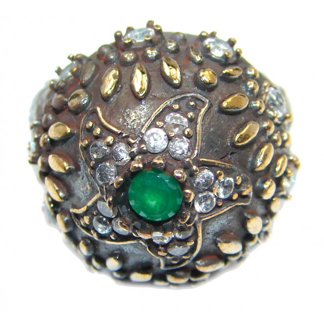 Victorian Style created Emerald & White Topaz Copper over Sterling Silver ring; s. 7 3/4